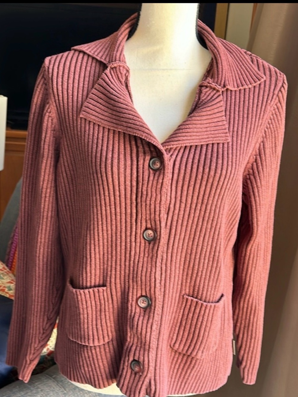 Woolrich Dusty Rose Pink Ribbed Knit Button Cardigan Jacket Sweater Sz L🌸